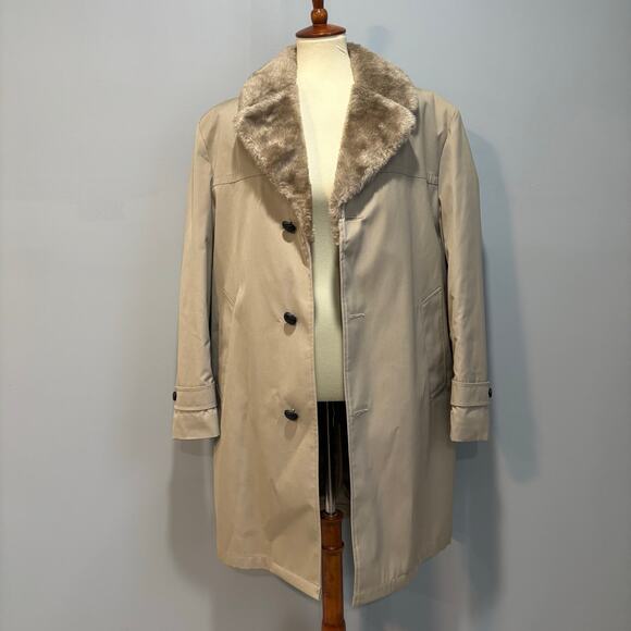VTG Haggar Beige Tan Faux Fur Lined Large Collar Overcoat Trench Men's size 40